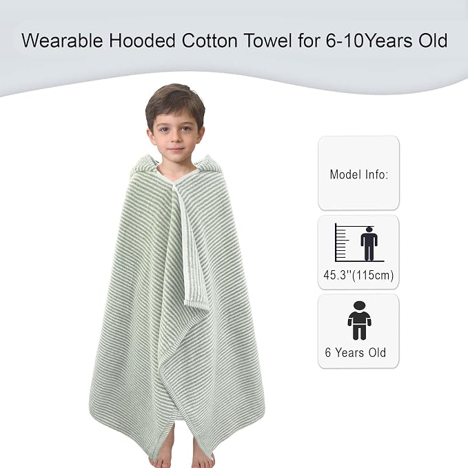 VOOVA & MOVAS Kids Hooded Bath Towel, 6-10 Years, 100% Cotton, Green Stripe | Refined Horizontal Stripes, Thick Plush Fabric, Excellent Water Absorption Performance