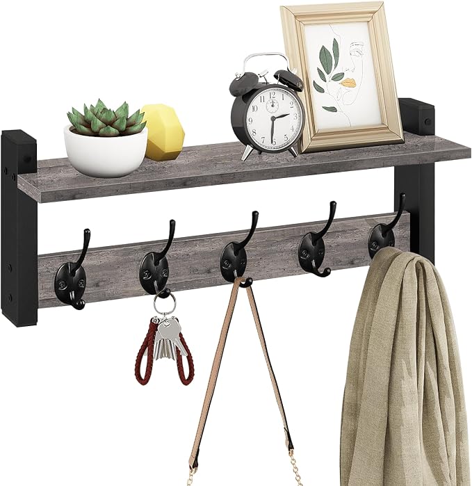 Wall Hooks with Shelf, Coat Rack Wall Mount, Entryway Shelf with Hooks for Clothes, Backpack, Key, Purse - Rustic Grey