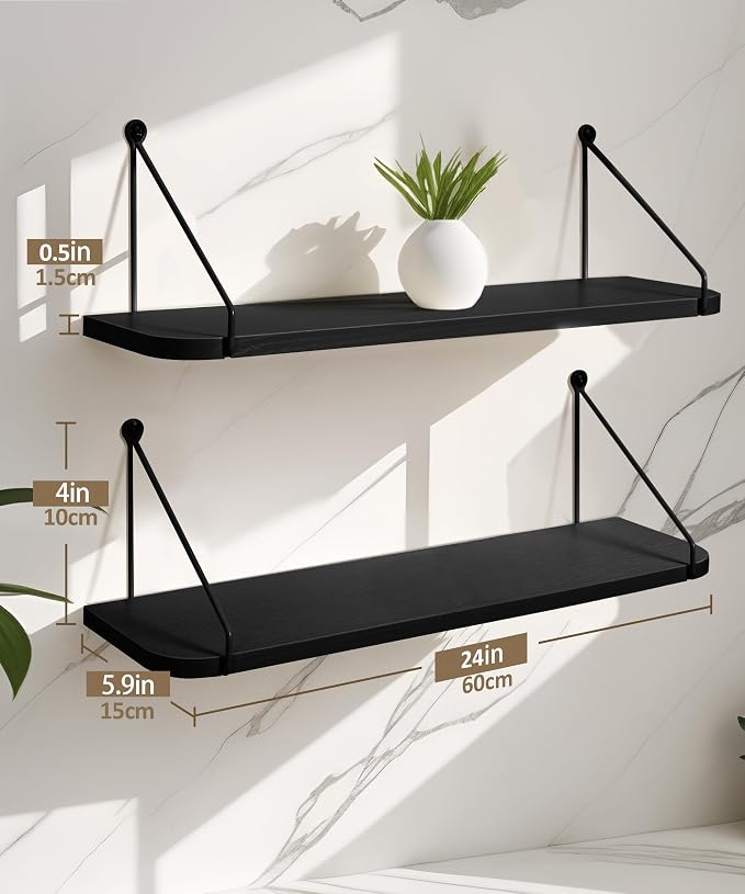 Afuly Black Floating Shelves for Wall, 24in Shelf with Brackets, Set of 2 | Long Hanging Bookshelf, Plants Photos Display, Organizer Modern, for Bathroom, Kitchen, Living Room, Bedroom, Home Decor