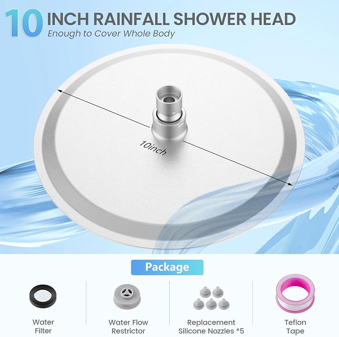 10 Inch Brushed Nickel Round Rain Shower Head, All Metal Stainless Steel Rainfall Shower Heads with 100 Anti-Clog Silicone Nozzles, Wall or Ceiling Mount