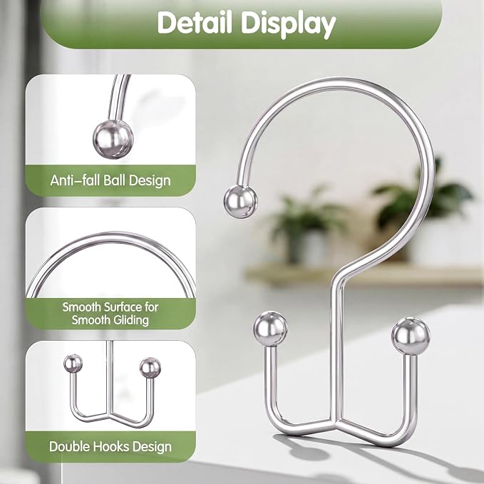 OEH 24 Pcs Shower Curtain Hooks, Metal Shower Curtain Rings, Silver Shower Curtain Hooks Rust Proof, Double Shower Rings for Curtain, Easy Install Anti-Drop Shower Hooks for Shower Curtain, Chrome