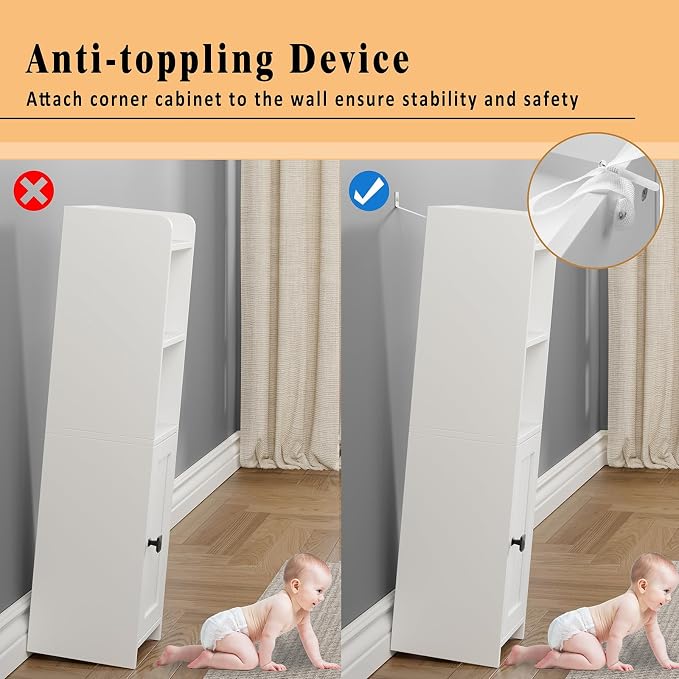 Lomojo Small Bathroom Storage Cabinet Corner, 7.87"Dx7.87"W x31.5"H (White) | Freestanding Narrow Toilet Paper Holder, Organizers for Bathroom Small Spaces Floor Cabinet with Adjustable Shelves and Door