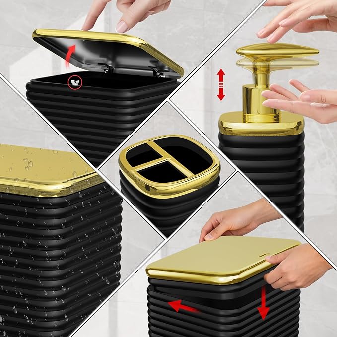 Bathroom Set - 10PC Bathroom Accessory Set, Black Bathroom Set, Luxury Bathroom Accessories Set, Trash Can, Toilet Brush, Soap Dish, Qtip Holder & Soap Dispenser