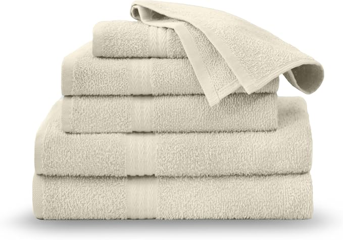 Martex Easy Living Everyday 6-Piece Bathroom Towel Set, Ivory | 2 Bath Towels, 2 Hand Towels, 2 Wash Cloths, 100% Cotton, Soft, Quick-Dry