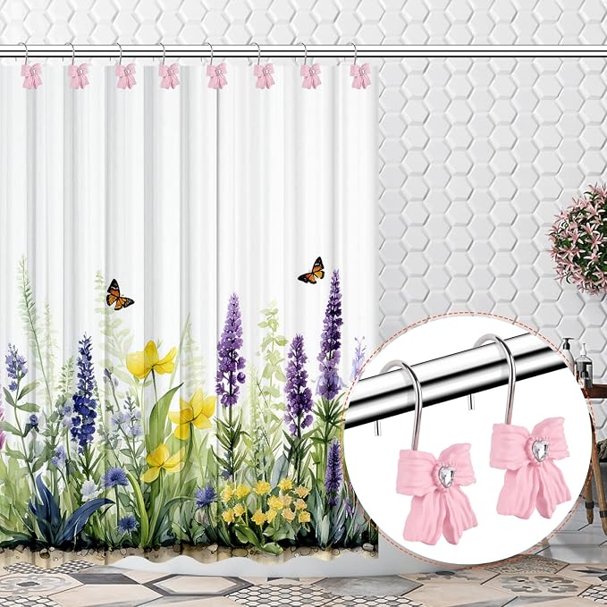 12PCS Shower Curtain Hooks Rings,Pink Bow Decorative Shower Curtain Hooks | Modern Home Decorativ Rust Resistant Hangers Shower Hooks for Bathroom Shower Rod, Bedroom, Living Room