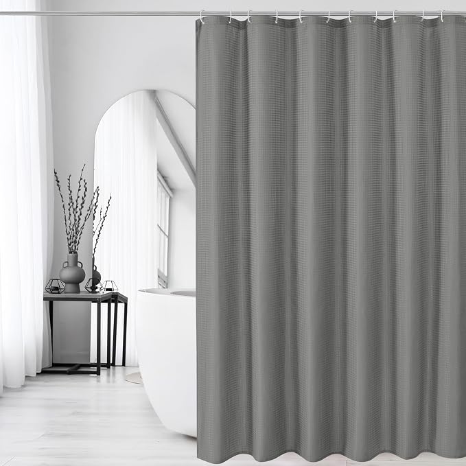 Extra Long Grey Fabric Shower Curtain, 72 x 84 | Tall Cloth-Textured Shower Curtain for Bathroom, Water Repellent, Machine Washable