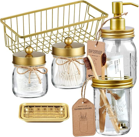 SheeChung Mason Jar Bathroom Accessories Set, 6Pcs Rustic Bathroom Set,Gold | Glass Bathroom Accessory Set, Soap Dispenser, Toothbrush Holder, 2 Qtip Holders,Soap Dish,Wire Basket,Western Farmhouse Decor
