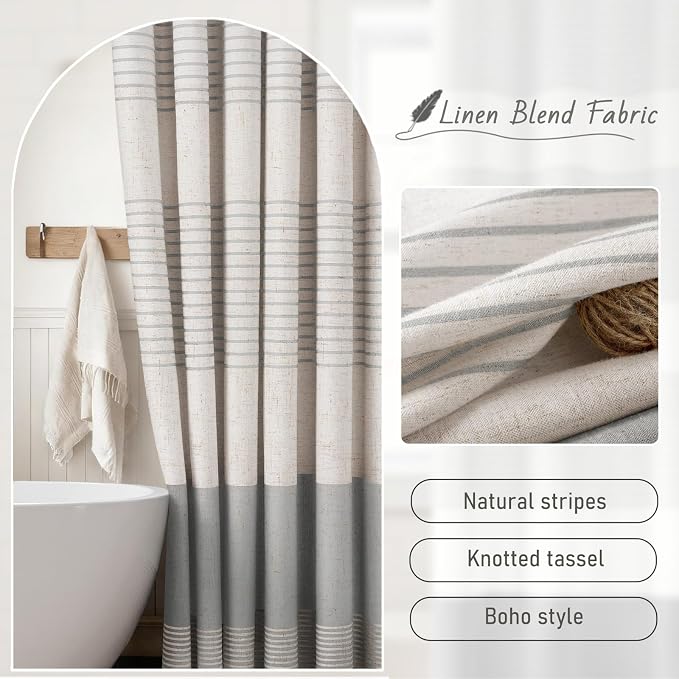 Grey Farmhouse Linen Striped Shower Curtain with Tassel 72"W X 72"L | Boho Farmhouse Shower Curtains with Linen Texture for Bathroom Decor