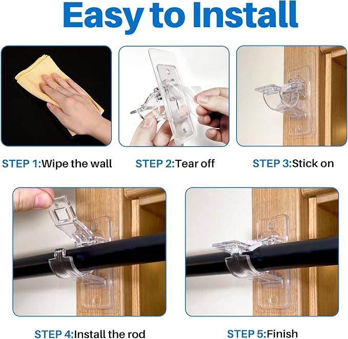 Antimbee 6-Pack No Drill Needed Curtain Rod Holders, Self Adhesive Rod Brackets, Multipurpose Nail-Free Stick on Curtain Rod Hooks Hangers for Dorm, Kitchen, Home, Bathroom, Transparent