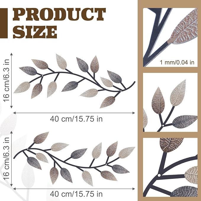 Zhengmy 2 Pcs Metal Leaf Wall Art Vine Branch Decor,Vintage Brown