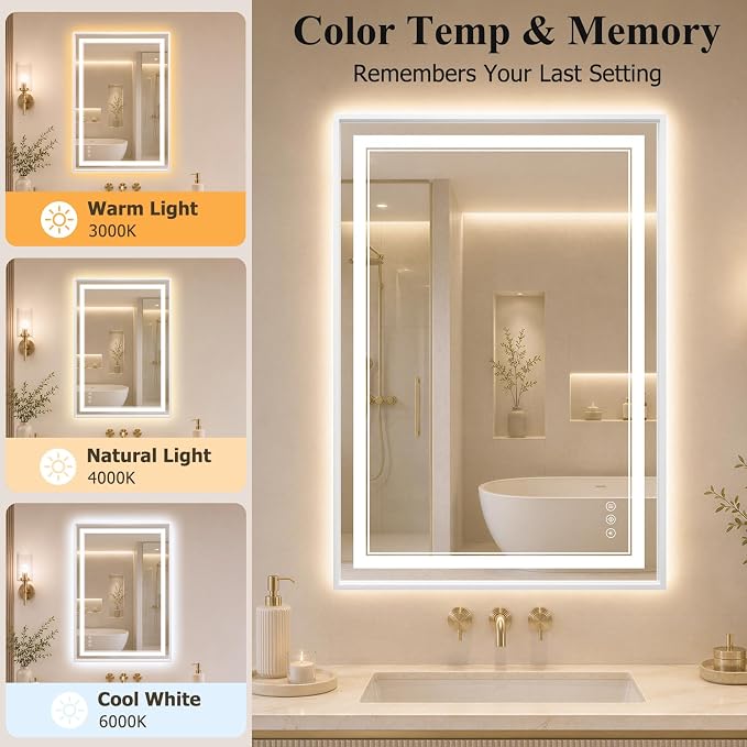 24"x36" LED Bathroom Mirror with Lights, Backlit + Front Lit, Anti-Fog | Lighted Bathroom Mirror with One-Piece Aluminum Alloy Frame, HD Shatterproof Tempered Glass, Dimmable, Memory Function