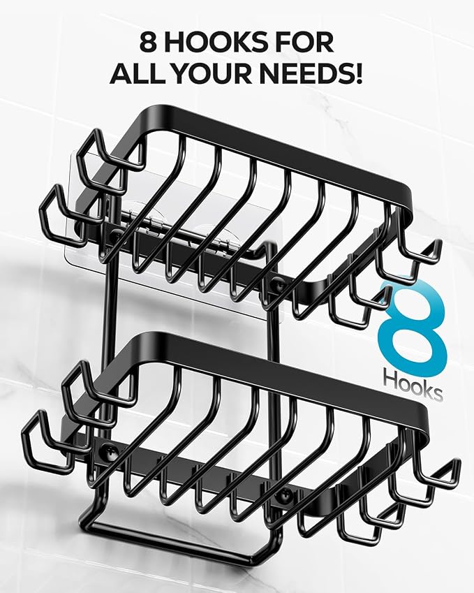 Nieifi Bar Soap Holder, Adhesive Soap Dish for Bathroom Shower Wall | Stainless steel, 2 tier, razor holders, 8 hooks, bathtub, kitchen sink, wall mounted, no drilling, counter, black