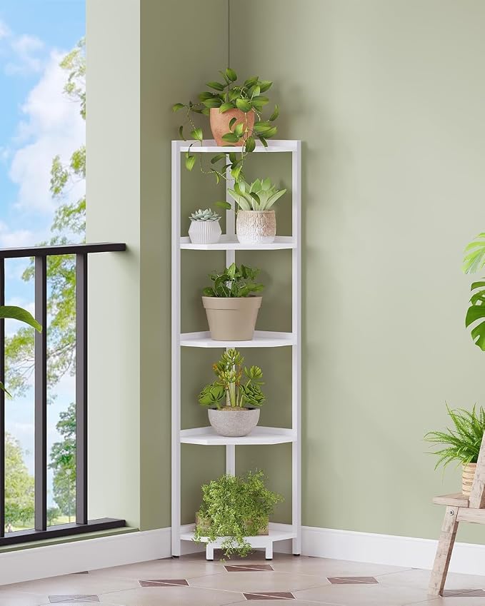 Hzuaneri Corner Shelf Stand 5-Tier Corner Bookshelf Storage Standing Shelf | Bookcase Plant Stand with Metal Frame for Living Room, Home Office, Bedroom, White CS05913W