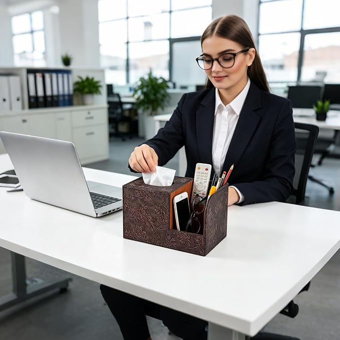 PU Leather Tissue Box Cover Square Tissue Holder Tissues Box Organizer with 2 Compartment,Remote Control Holder,Multifunctional Decorative Tissue Box Covers Cube,Home Office Desktop Storage Box,Retro