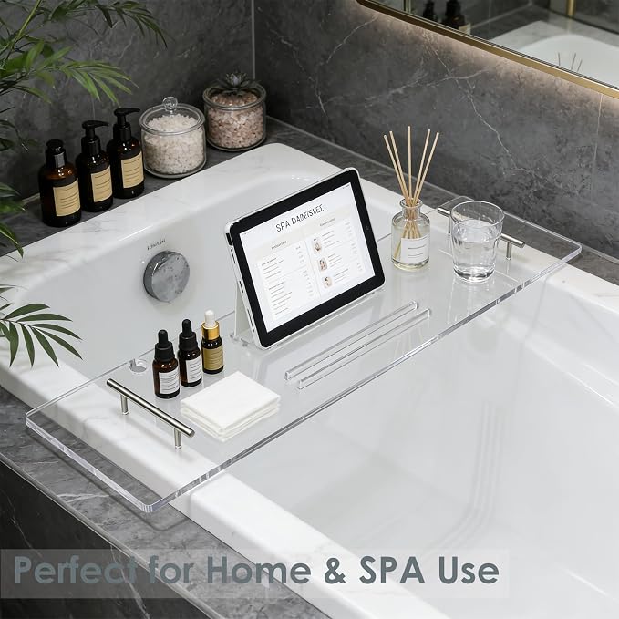 Bathtub Tray, Bath Tray for Tub, Acrylic Bath Caddy Tray for Bathtub, for Tub Luxury Spa with Tablet Slots and Wine Glass Hole, Bathroom Accessories for Decorative Bathtubs (39.4 * 9.45in)