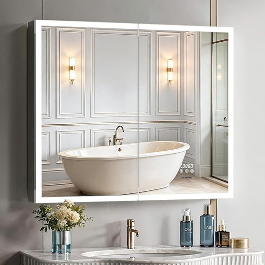 ACEMIRO 36"×30" Lighted Medicine Cabinet with Mirror, Surface or Recessed Bathroom Mirror Medicine Cabinet with Clock & Temp Display, Defogger, Dimming, Built-in Outlet & USB Ports, Double Door