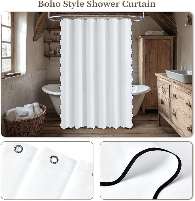 72x78 Boho Scalloped Linen Textured Cloth Shower Curtain Set, White | Long Size, 230GSM Waterproof Polyester, Heavy Duty Fabric, 12 Plastic Hooks, Elegant Modern Farmhouse Style, Machine Washable