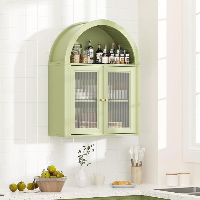 Medicine Cabinet with Arched Top, Bathroom Wall Cabinet Over Toilet with Wave Pattern Tempered Glass Doors and Removable Shelf, Arch Hanging Cabinets for Kitchen, Living Room, Laundry Room, Green