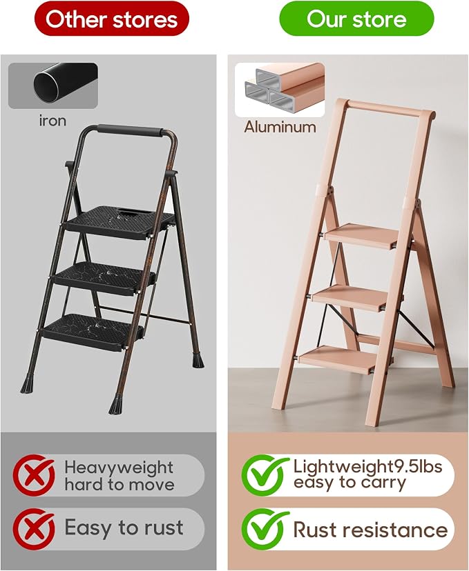 HillhutApex Aluminum 3 Step Ladder, Step Stool Foldable Ladder(Pale Pink) | Stepladder with Handgrip,Anti-Slip Pedals,330lbs Capacity,Lightweight Portable Folding Ladder for Home,Office,Libaray