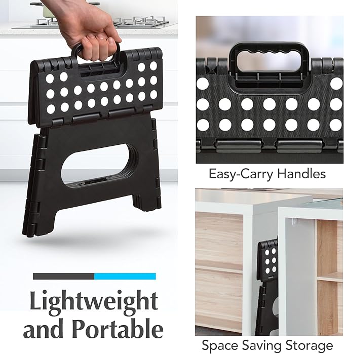 Handy Laundry Folding Step Stool 9 Inch 2-Pack, Black, Holds 300 lbs | 2-Pack, 9 Inch, Black, Foldable Collapsible Step Stool, Non-Slip, Holds 300 lbs, Kitchen Bathroom Bedroom, Adults
