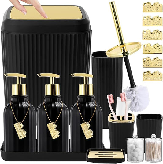 Bathroom Set, Black Bathroom Set Black and Gold Bathroom Accessories Set with Trash Can, 3PCS Soap Dispenser Bathroom Sets