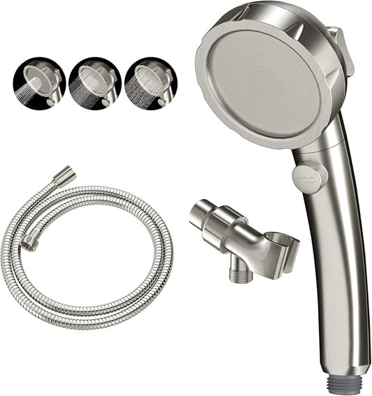 Brushed Nickel High Pressure Handheld Shower Head with ON/OFF Switch, 3 Spray Modes, Adjustable Angle Bracket, and Hose | 3 Spray Modes Shower Wand with Shut Off Button, Camper & RV Showerhead with Hose & Angle Adjustable Bracket, Brushed Nickel