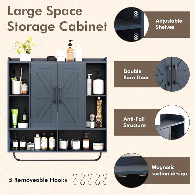RUSTOWN Rustic Bathroom Wall Storage Cabinet with 2 Barn Doors, Navy Blue | Farmhouse Medicine Cabinet, Wall Mounted, Space Saving, 3-Tier Adjustable Shelves, Towel Bar, 5 Hooks
