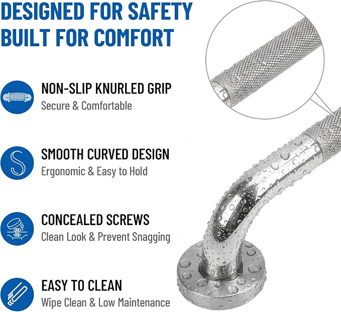 MrHAND Stainless Steel Grab Bars for Shower, 16 Inch 2 Pack, Anti-Slip Grip | Knurled Mirror Finish, Wall Mounted Shower Grab Bars, Safety Hand Rail for Small Bathroom & Toilet, Rustproof & Heavy Duty