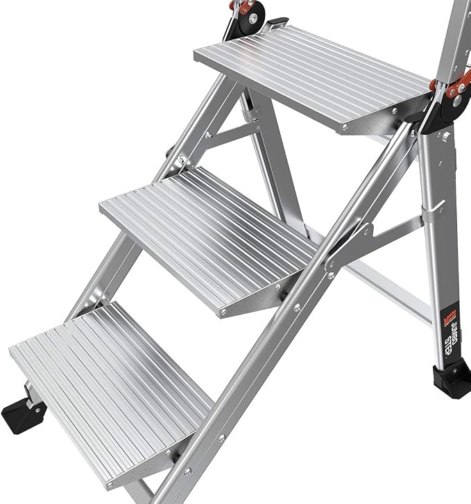 Little Giant Jumbo Step 3-Step Foldable 2.2 ft Aluminum Stool, 11903 | Foldable Aluminum Step Stool, Extra-Wide Stair-Like Treads, Rotating Handrail, Tool Tray, 375 lbs. Weight Capacity