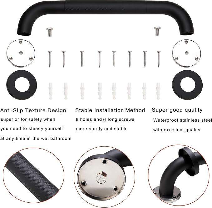 Shower Grab Bar, 2 Pack 16 Inch Black Bathroom Grab Bar, 1.25" Diameter 304 Stainless Steel Anti-Slip Grab Bars for Bathtubs and Showers, Handicap Shower Grab Bar for Seniors Elderly