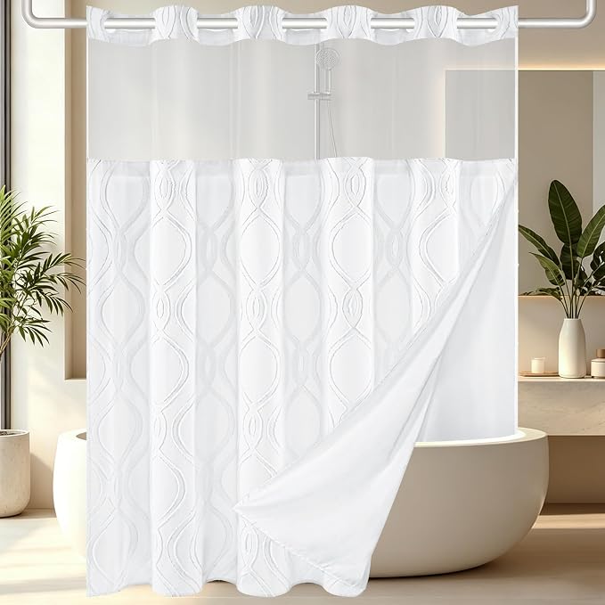 Yinhua No Hook Shower Curtain with Snap in Liner Set, 71" W×74" L, White | Hotel Style with See Through Top Window, Washable Waterproof, Tufted Textured, Hookless Curtain for Bathroom Bathtub