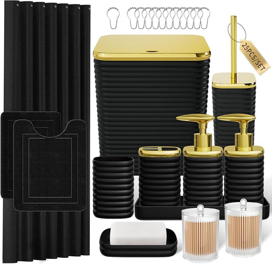 Bathroom Set - 25PC Bathroom Sets with Shower Curtain and Rugs, Black Bathroom Set, Bathroom Accessory Set, Luxury Bathroom Accessories Set, Trash Can, Toilet Brush & Soap Dispenser