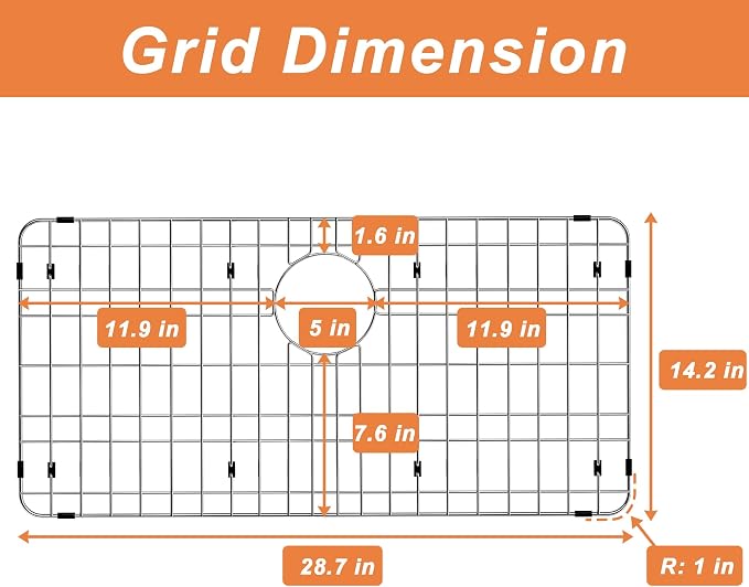 Sink Protector for Kitchen Sink,28.7 X 14.2 inch Sink Rack,Metal Sink Grate with Strainer,Stainless Steel Sink Grid for Bottom of Sink with Rear Drain Hole Dia 5",Corner Radius 1"