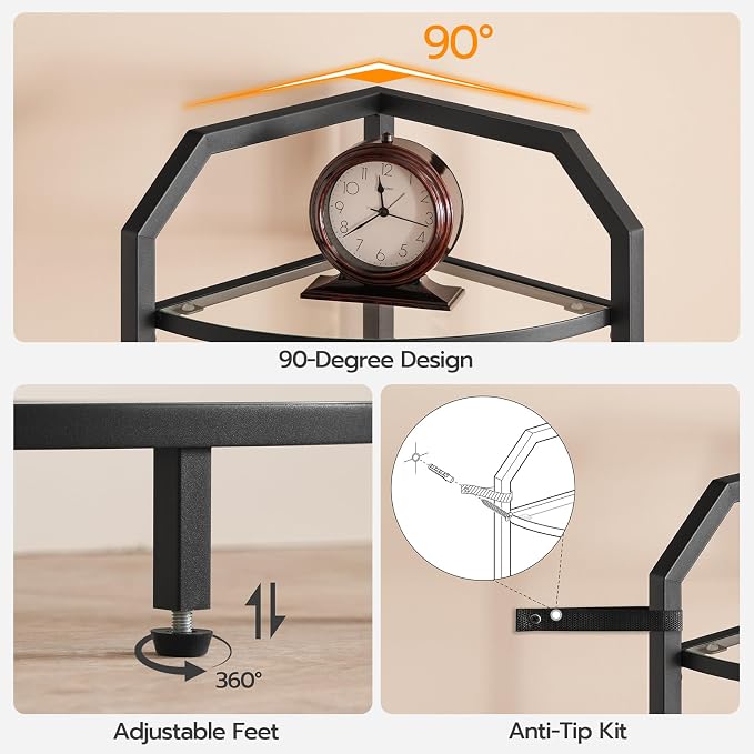 HOOBRO 5-Tier Corner Shelf Stand, Gold Corner Bookshelf, Tempered Glass Shelves, Bathroom Organizer, Corner Plant Stand, for Living Room, Study, Balcony, Home Office, Modern Style, Black BK15CJ01