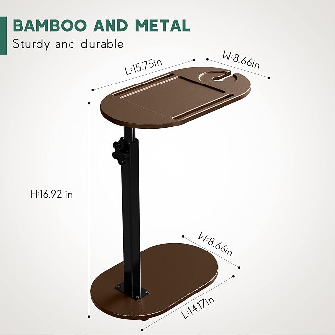 Bamboo Bathtub Tray Table with Adjustable Height and Freestanding | Bath Table Caddy Side Table for Tub Against Wall, Tub Shelf with Wine Glass Phone Holder - Patent Protected (Brown)