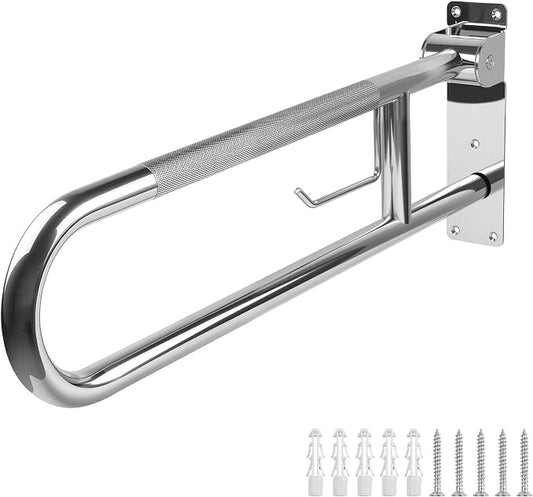 Handicap Grab Bar, 29.5 Inch Stainless Steel Toilet Safety Rails, Disabled Flip-Up Bathroom Grab Bars with Paper Holder, Anti-Slip Toilet Handrails Hand Grips Handicap Grab Bars for Elderly