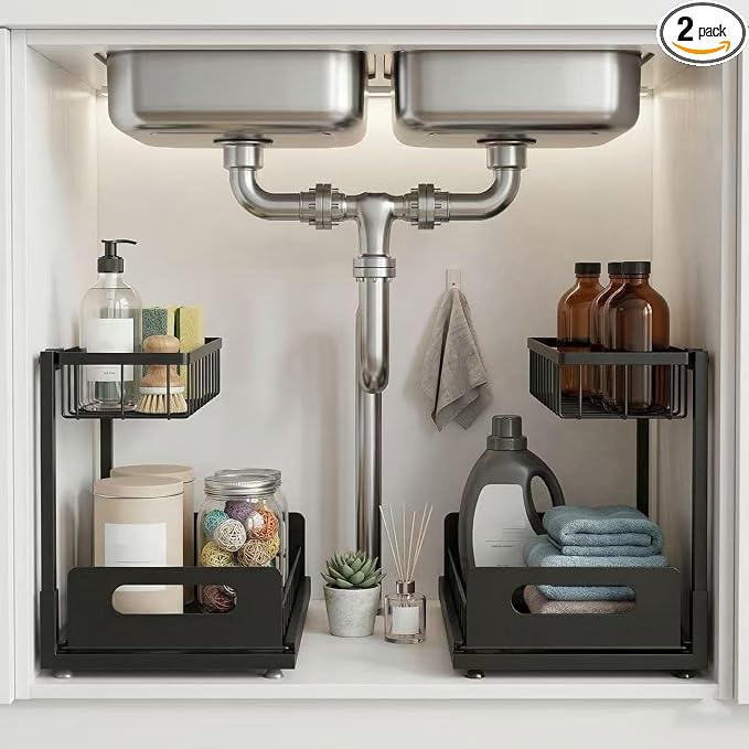 Under Sink Organizer, 2-Tier Pull-Out Metal Drawer, 2 Pack | Black metal 2-pack with lower pull-out drawers and fixed upper baskets for kitchen, bathroom and cabinet storage