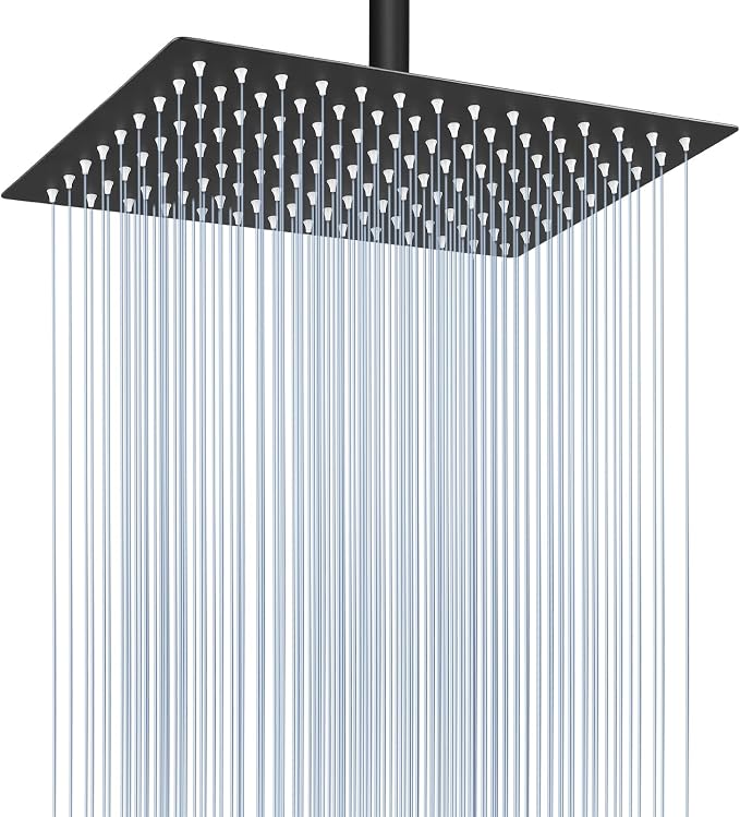Voolan Rain Shower Head - High Flow Large Rainfall Shower Heads Made of Stainless Steel - Waterfall Bathroom Square Showerhead - Ceiling or Wall Mount (12 * 8 Inch Rectangle, Matte Black)