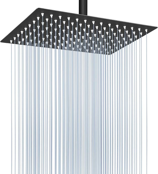 Voolan Rain Shower Head - High Flow Large Rainfall Shower Heads Made of Stainless Steel - Waterfall Bathroom Square Showerhead - Ceiling or Wall Mount (12 * 8 Inch Rectangle, Matte Black)