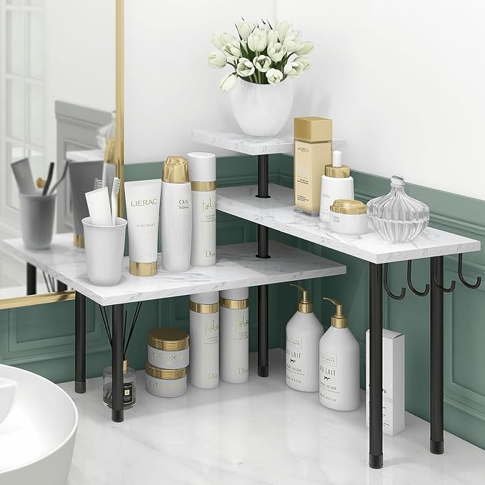 Bathroom Counter Corner Shelf, 3 Tier Kitchen Countertop Organizer for Over The Sink, Make Up, Dresser Table, White Marble