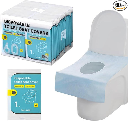 TRIPTIPS Toilet Seat Covers Disposable Travel Pack 60 count｜Faster use-Sticker free｜Waterproof｜XL Disposable Toilet Seat Cover for Adults and Kids, Individually for Public Restroom/Airplane (60pcs)