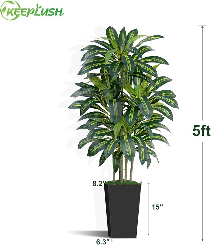 5FT Artificial Dracaena Tree - High-Density Foliage Fake Plant with Black Tall Planter - Faux Yucca Floor Plant for Home Office Decor Indoor