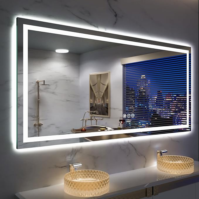 LED Mirror for Bathroom, 72"x40" with Front Light and Backlight | Stepless Dimmable, Anti-Fog, Shatter-Proof, HD Reflection, Memory, 3 Colors Lighting, UL Listed (Horizontal/Vertical).