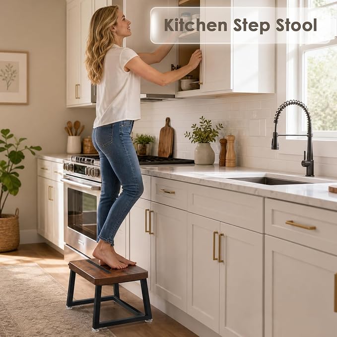 Wooden Step Stool for Adults Small Bed Step Stool with 500LB, Brown | Small Step Stool, Heavy Duty, Non Slip, Anti Tipping, Adjustable Feet, Foot Stool for Kitchen Bedroom Bathroom Living Room