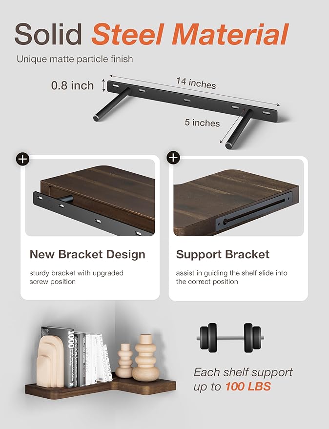 BATODA Acacia Wood Corner Floating Shelf 17” x 12”- Corner Shelf Wall Mounted - Floating Book Shelves for Wall - Corner Shelf for Home, Kitchen - with Brackets and Hardware (Walnut Color, 17" x 12")