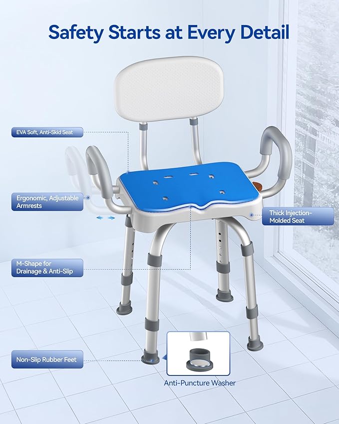 KingPavonini 360° Swivel Shower Chair for Inside Shower, 550 LB Heavy Duty | Stable Flat Tube Frame, Shower Chair for Elderly and Disabled, 360° Swivel with 90° Lock, M-Shaped Anti-Slip Seat, Tool-Free
