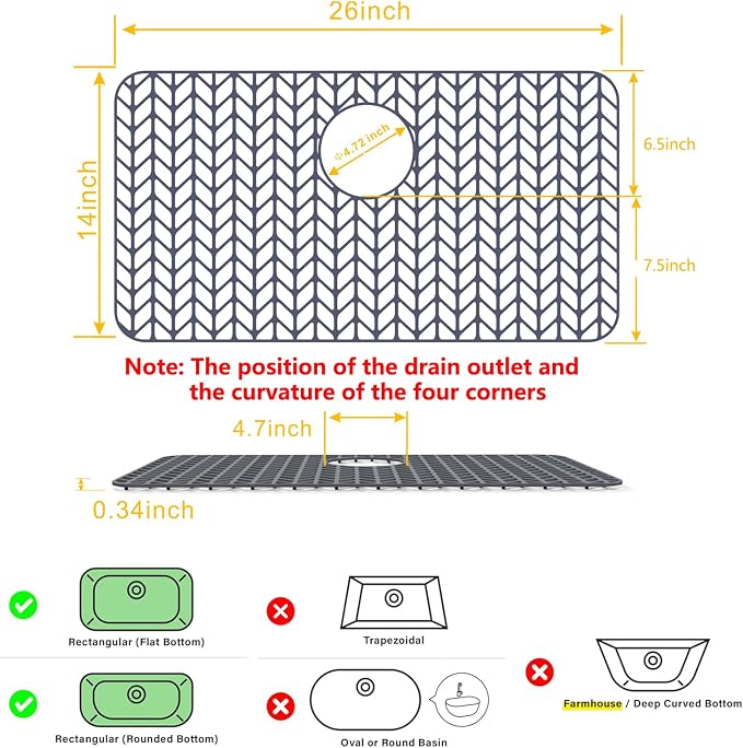 Sink Protectors for Kitchen Sink26"x14"Rear Drain kitchen Sink Mat | Protector for sinks and dish,Food-grade silicone,Non-slip and raised feet,Withstand to 500F,Dishwasher Washing