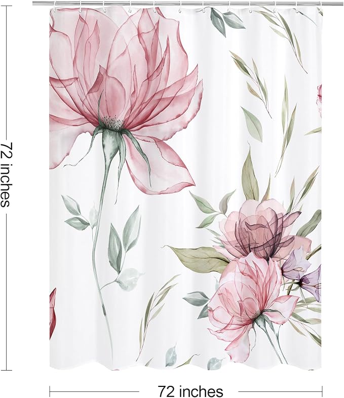 Litabel Pink and Grey Boho Watercolor Floral Shower Curtain, Ink Painting Style Blossom & Leaf Shower Curtains for Chic Elegant Bathroom, Artistic Fabric Cloth Flower Shower Curtain, 72x72