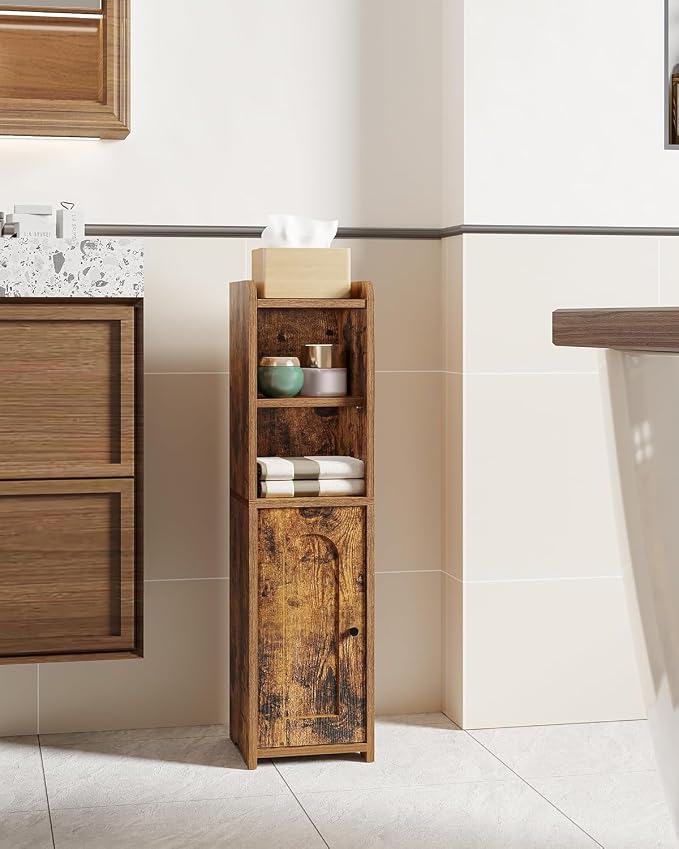 Hzuaneri Bathroom Storage Cabinet, Narrow Toilet Paper Cabinets with Doors | Small Corner Floor Cabinet with Doors and Adjustable Shelf, Bathroom Organizer for Small Spaces, Rustic Brown BC19701X