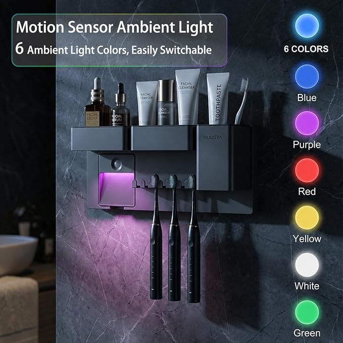Toothbrush Holders for Bathrooms Toothbrush Holders Wall Mounted with Magnetic Night Light-4 Toothbrush Slots, 3 Independent Storage Compartments Bathroom Decor All-in-One Organizers Accessories White